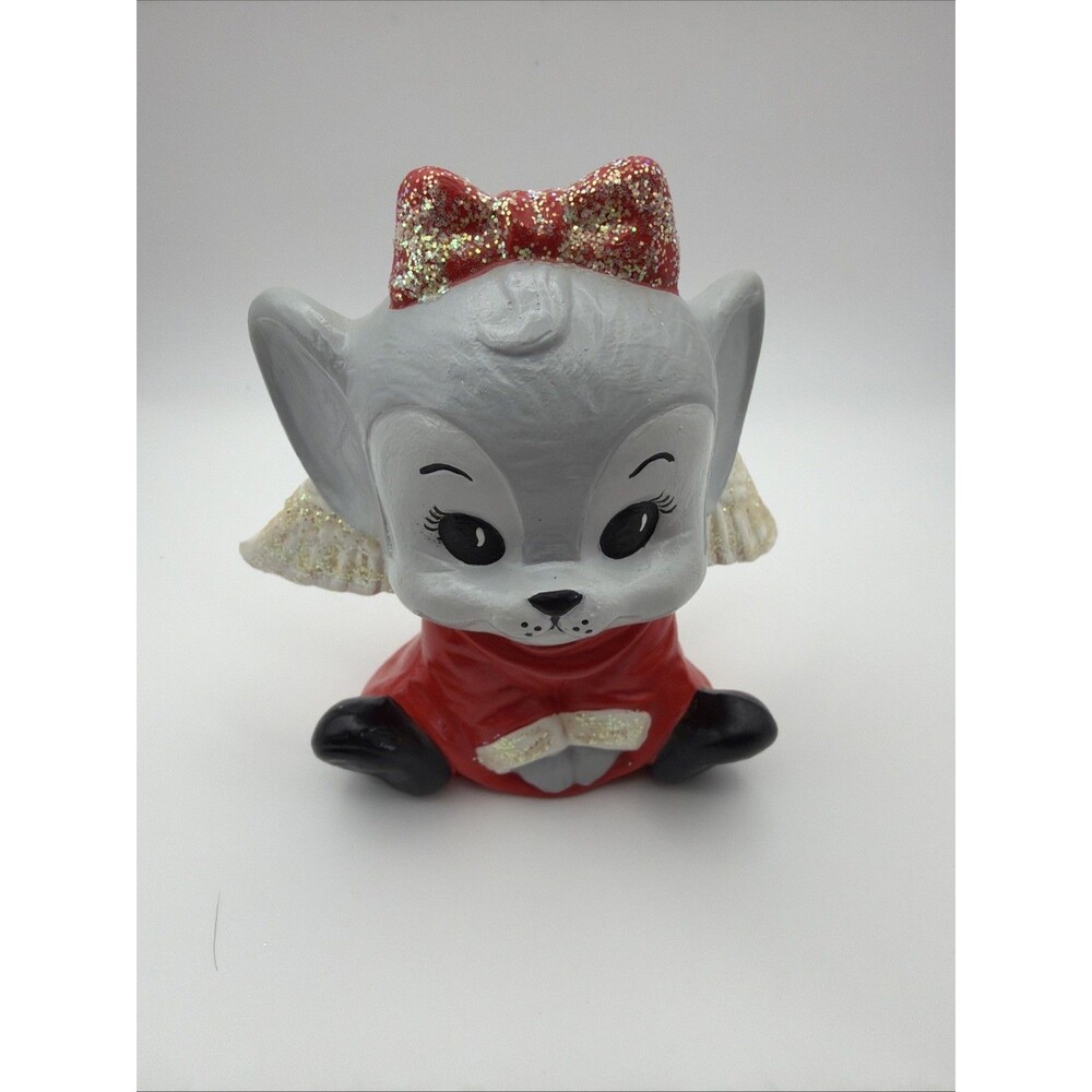 Vintage Hollow Ceramic Mold Christmas Angel Mouse Red Dress & Bow 4.5"